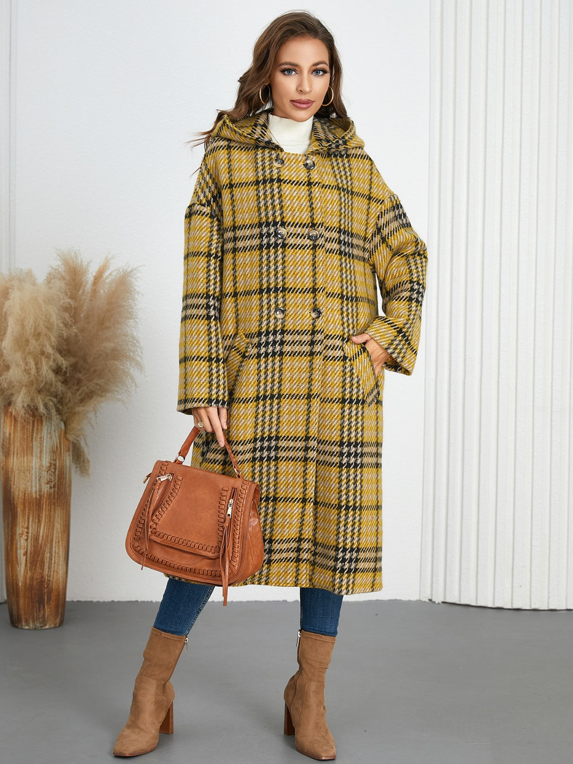 Plaid Double-Breasted Long Sleeve Longline Shacket