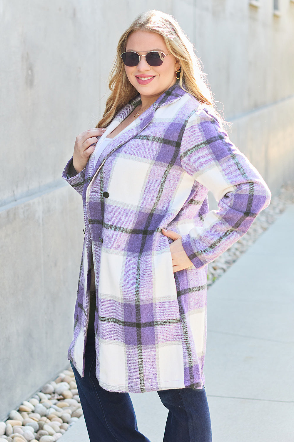 Double Take Full Size Plaid Button Up Lapel Collar Shacket