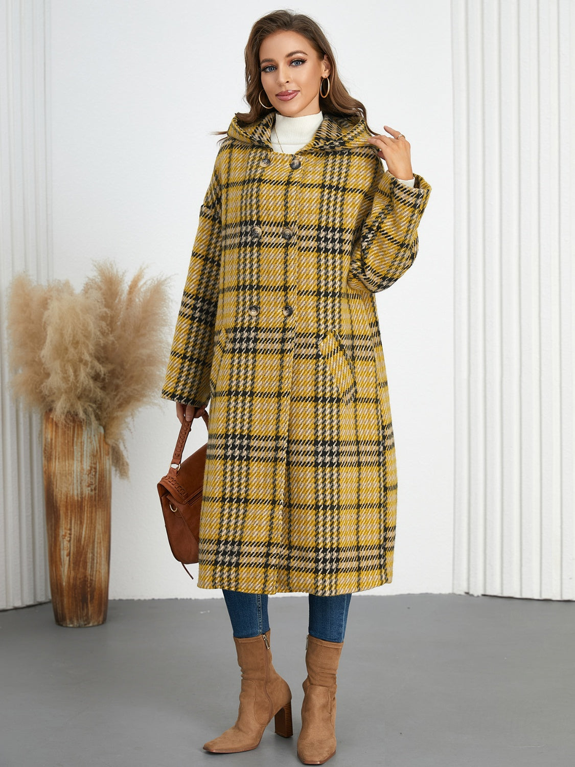 Plaid Double-Breasted Long Sleeve Longline Shacket