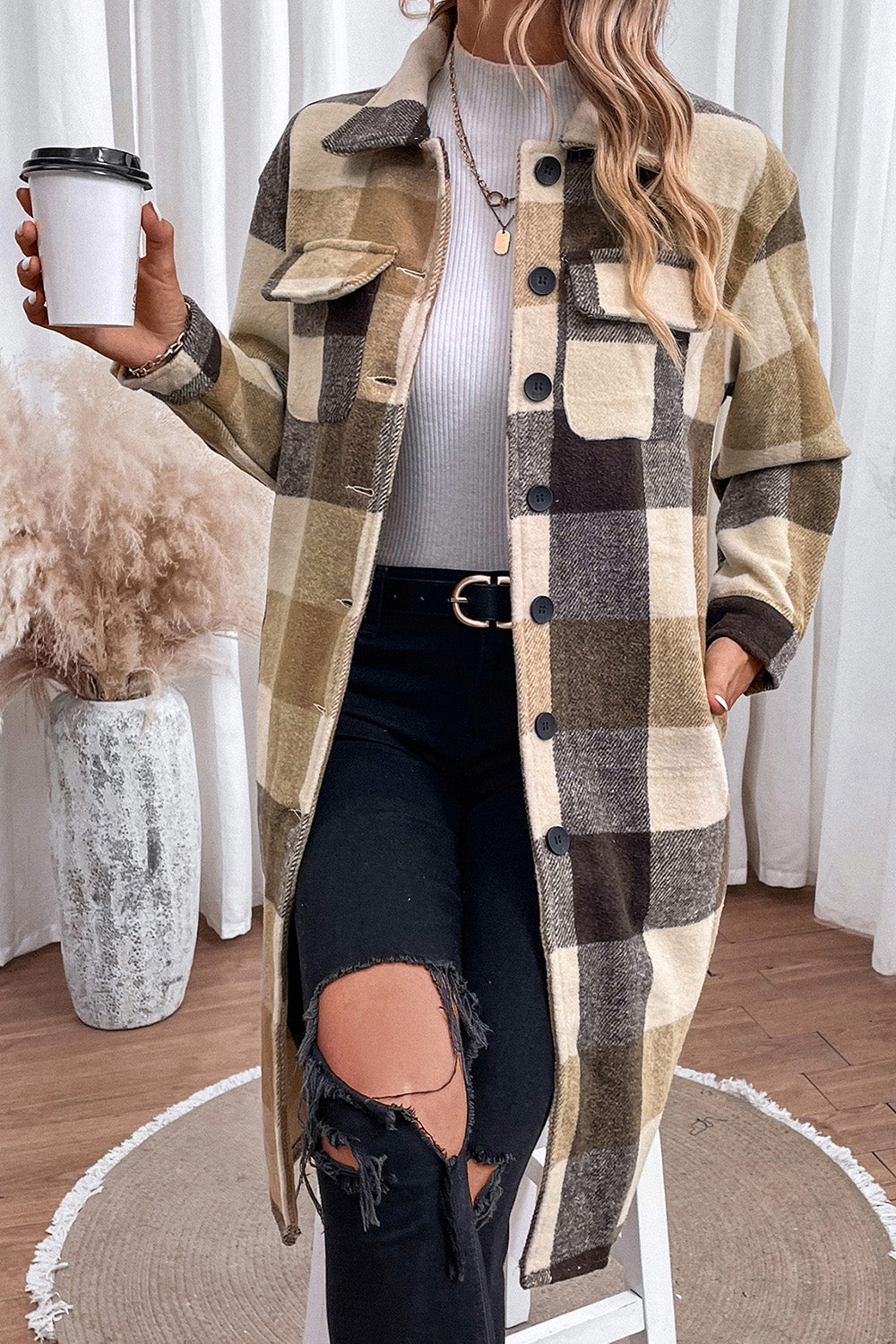 Plaid Button Down Longline Shacket