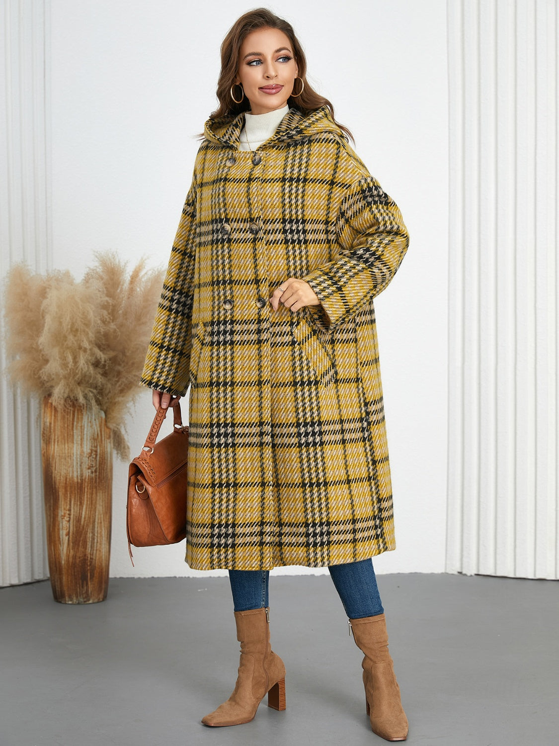 Plaid Double-Breasted Long Sleeve Longline Shacket