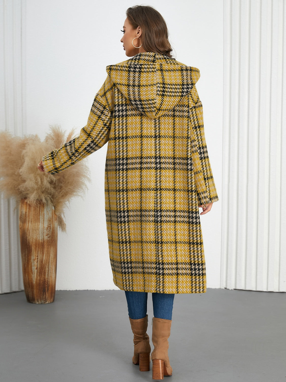 Plaid Double-Breasted Long Sleeve Longline Shacket