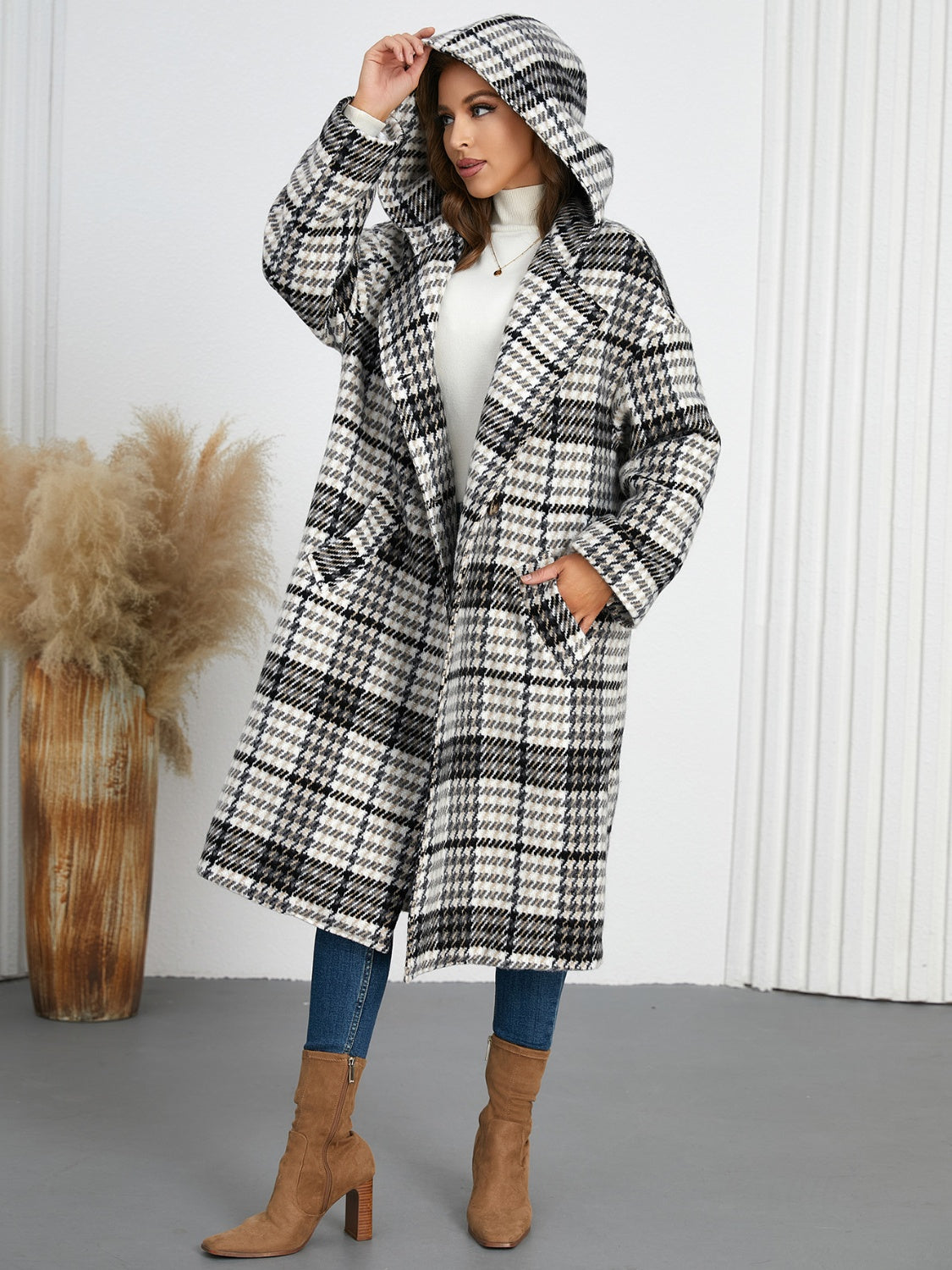 Plaid Double-Breasted Long Sleeve Longline Shacket