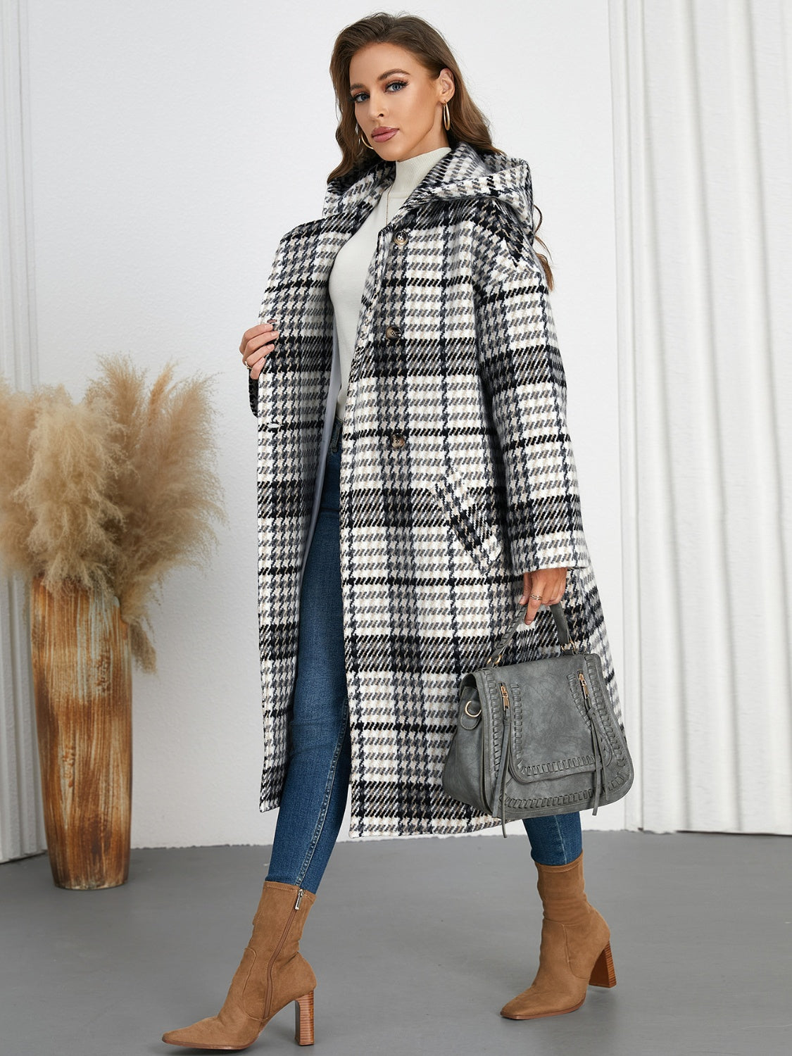 Plaid Double-Breasted Long Sleeve Longline Shacket