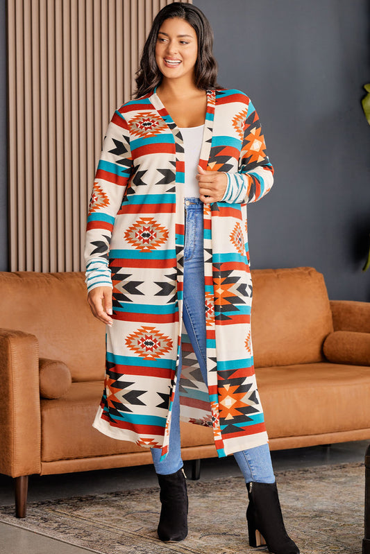 Plus Size Geometric Open Front Longline Cardigan