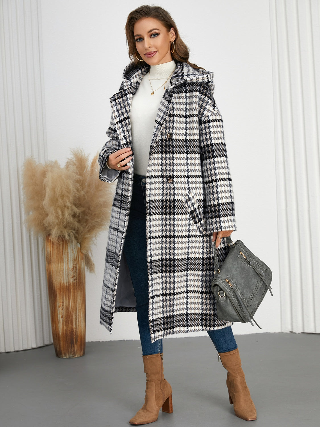 Plaid Double-Breasted Long Sleeve Longline Shacket