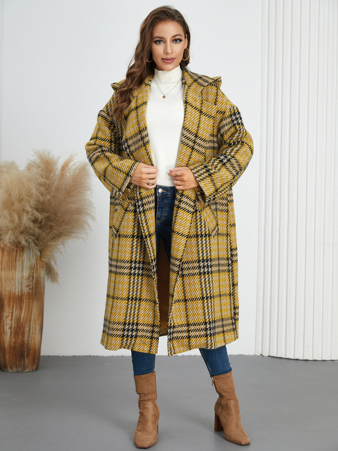 Plaid Double-Breasted Long Sleeve Longline Shacket