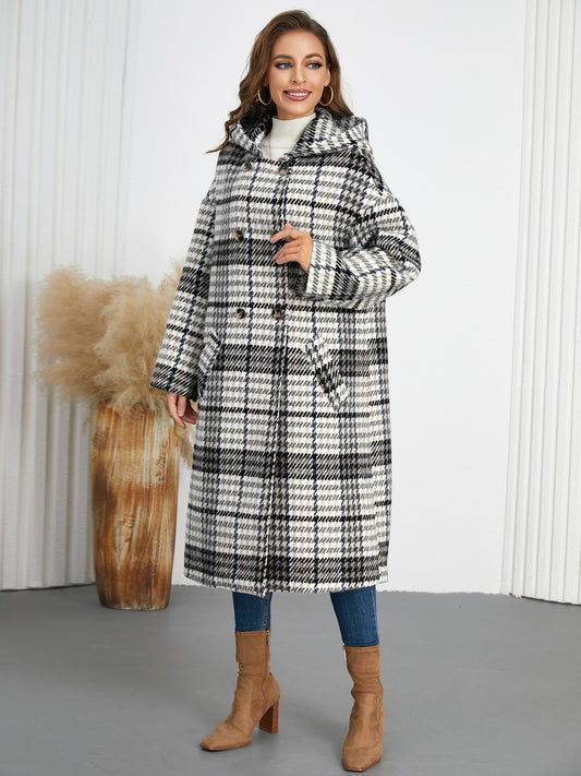 Plaid Double-Breasted Long Sleeve Longline Shacket