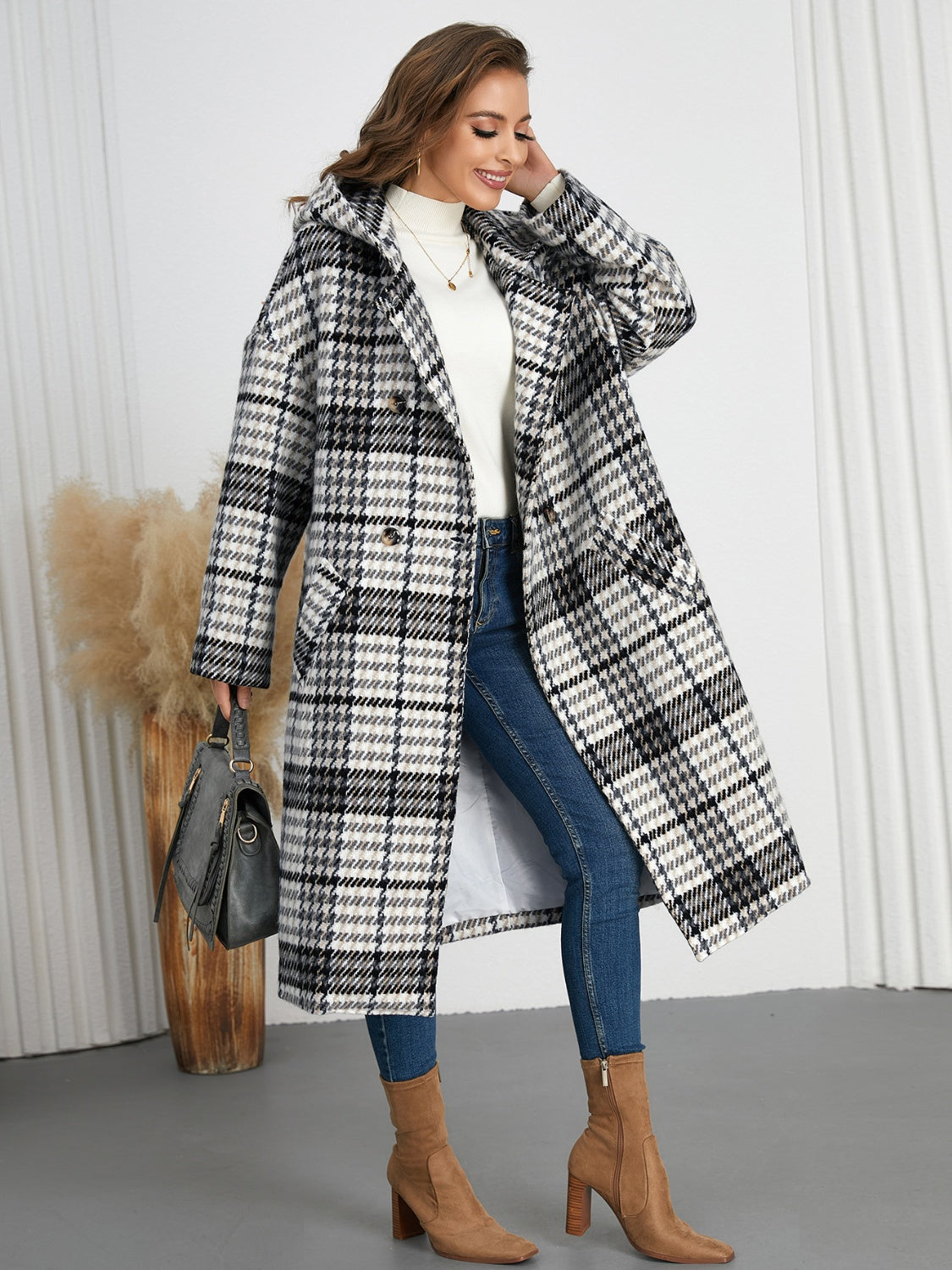 Plaid Double-Breasted Long Sleeve Longline Shacket