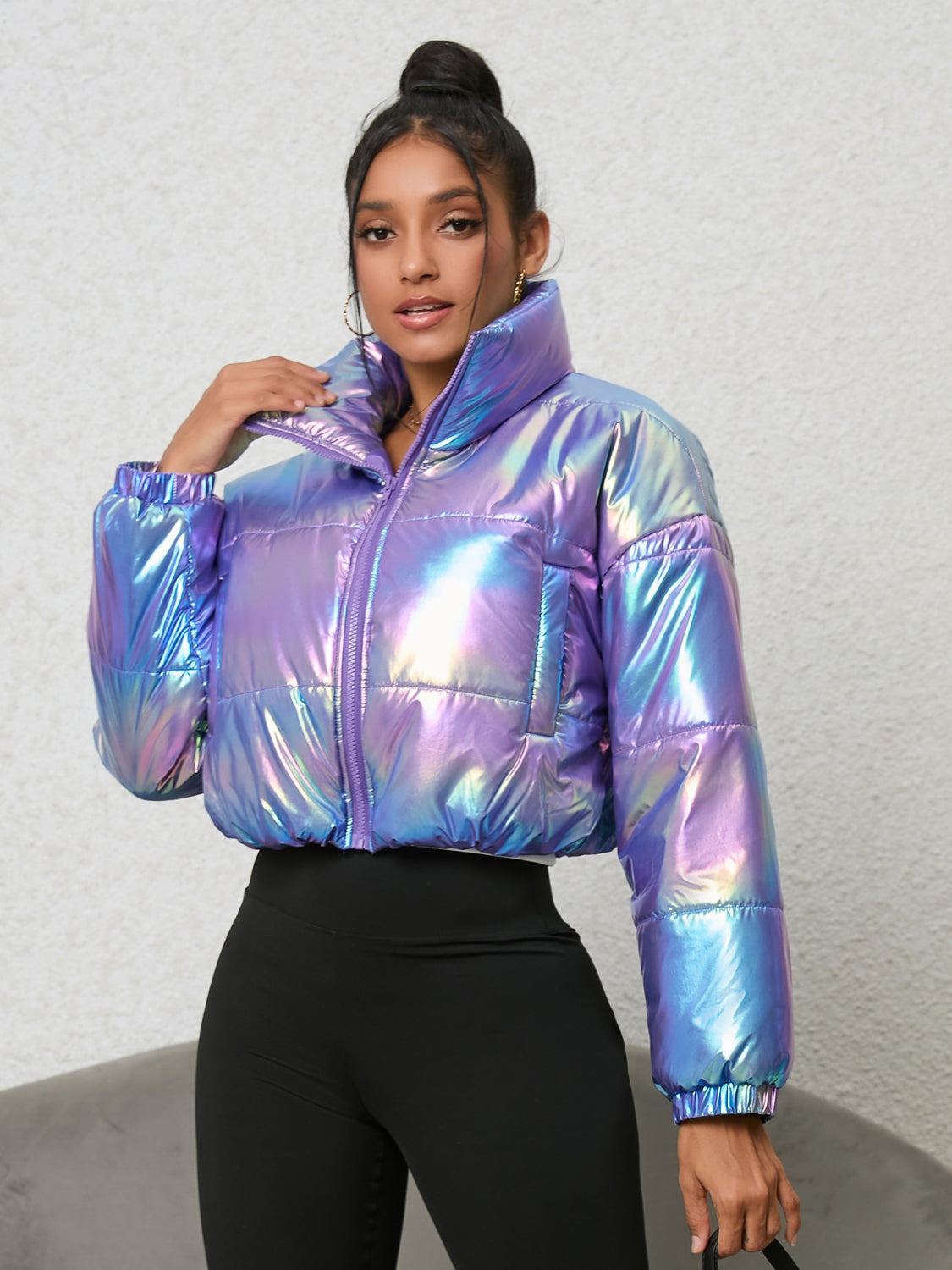 Gradient Zip-Up Collared Puffer Jacket