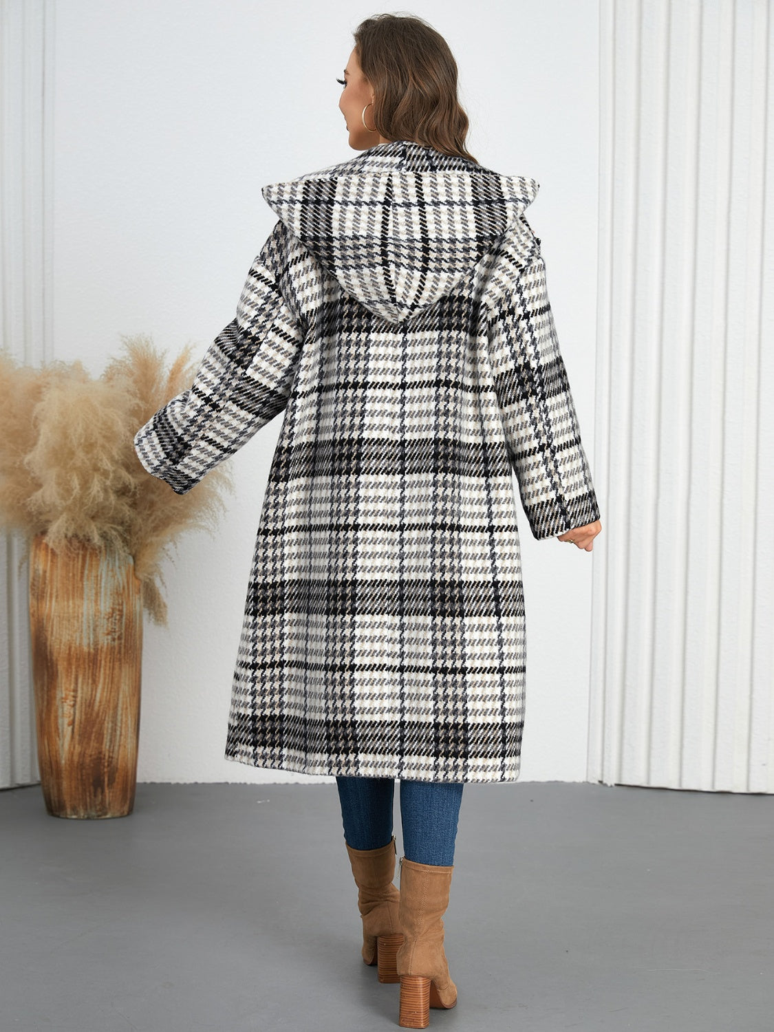 Plaid Double-Breasted Long Sleeve Longline Shacket