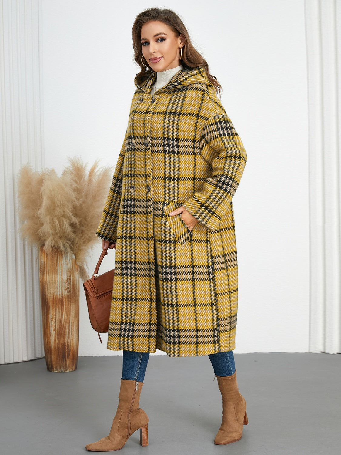 Plaid Double-Breasted Long Sleeve Longline Shacket